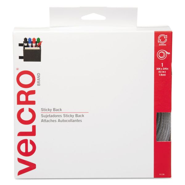 VEK91138 Velcro Sticky-Back Hook & Loop Fasteners in Dispenser, 3/4" x 30ft Roll, White
