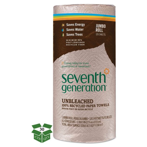 SEV13720CT Seventh Generation Natural Unbleached 100% Recycled Paper Towel Rolls,11 x 9, 2-Ply, Brown, 120 Sheets/Roll, 30 Rolls/Carton