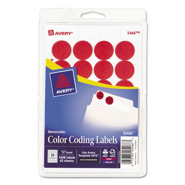 AVE05466 Avery Printable Removable Color-Coding Labels, 3/4" dia, Red, 1008/Pack