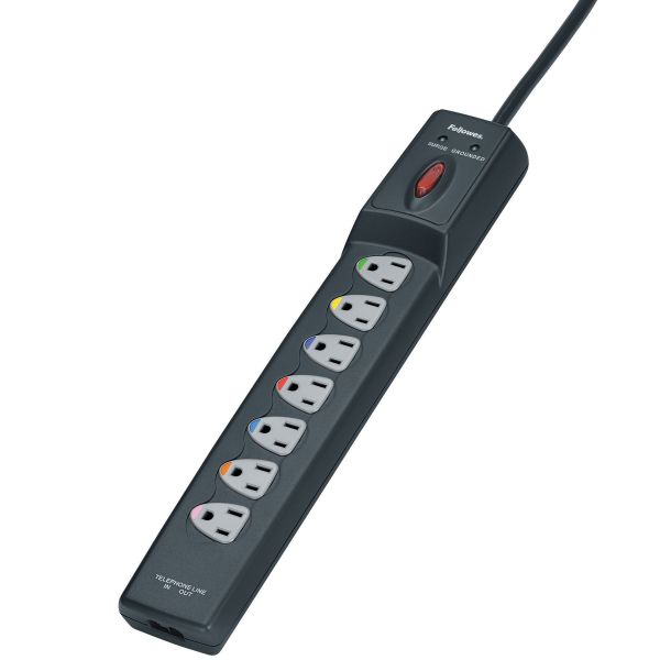 FEL99111 Fellowes Power Guard Surge Protector, 7 Outlets, 12 ft Cord, 1600 Joules, Gray