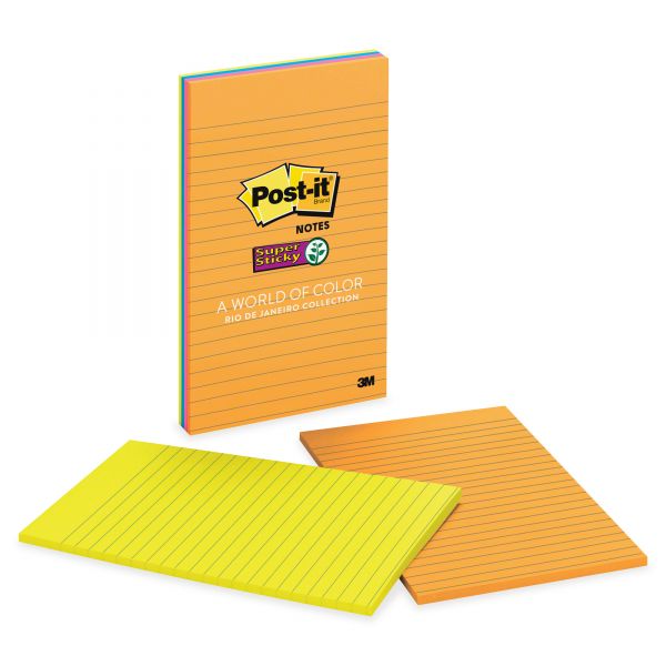 MMM5845SSUC Post-it Notes Super Sticky Pads in Rio de Janeiro Colors, Lined, 5 x 8, 45-Sheet, 4/Pack