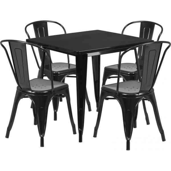 FHFETCT002430BKGG Flash Furniture 31.5'' Square Black Metal Indoor-Outdoor Table Set with 4 Stack Chairs