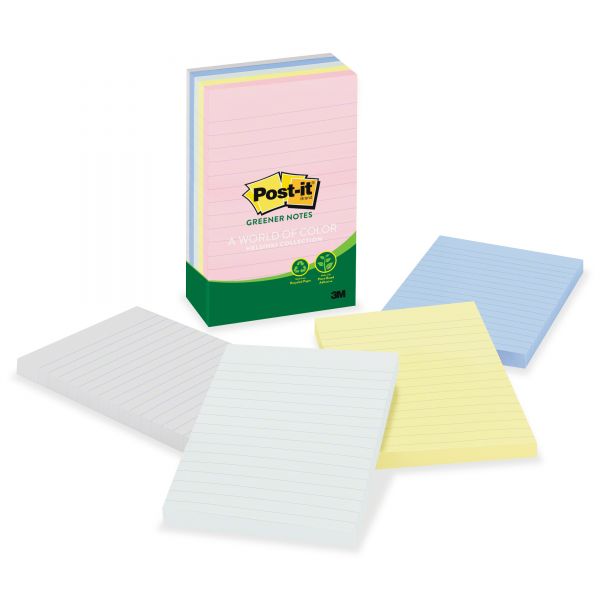 MMM660RPA Post-it Greener Notes Recycled Note Pads, Lined, 4 x 6, Assorted Helsinki Colors, 100-Sheet, 5/Pack