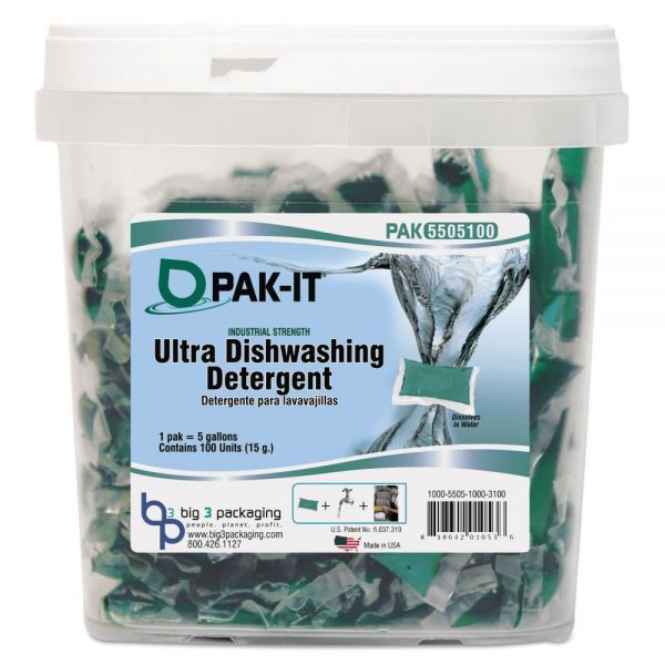 BIG5505203100EA PAK-IT Ultra Dish Detergent, Lemon Scent, 100 Paks/Tub