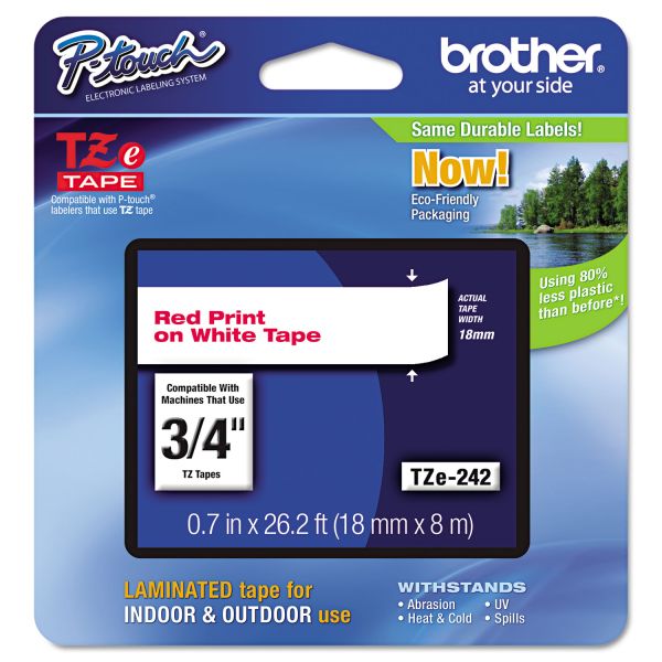 BRTTZE242 Brother P-Touch TZe Standard Adhesive Laminated Labeling Tape, 3/4"w, Red on White