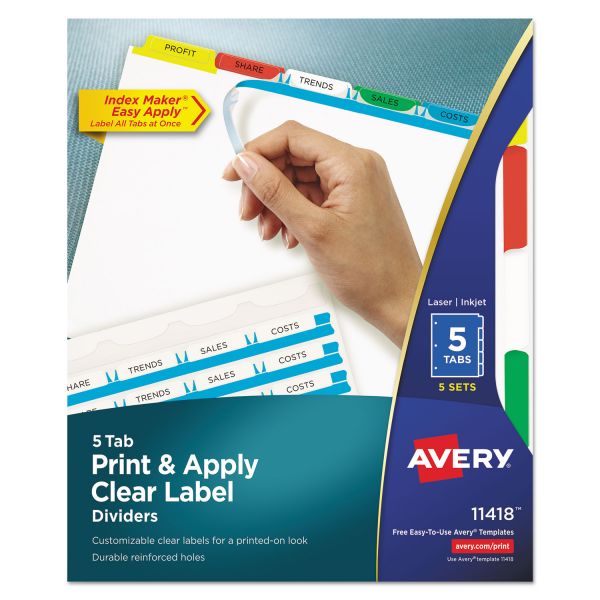 AVE11418 Avery Print & Apply Clear Label Dividers w/Color Tabs, 5-Tab, Letter, 5 Sets