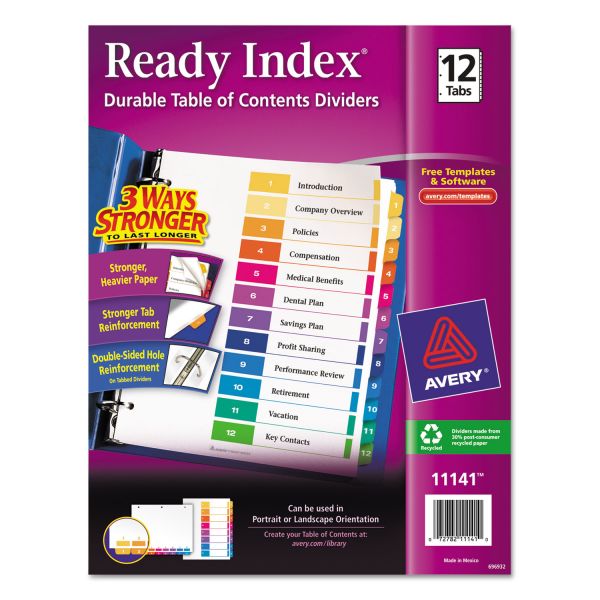 AVE11141 Avery Ready Index Customizable Table of Contents Multicolor Dividers, 12-Tab, Letter