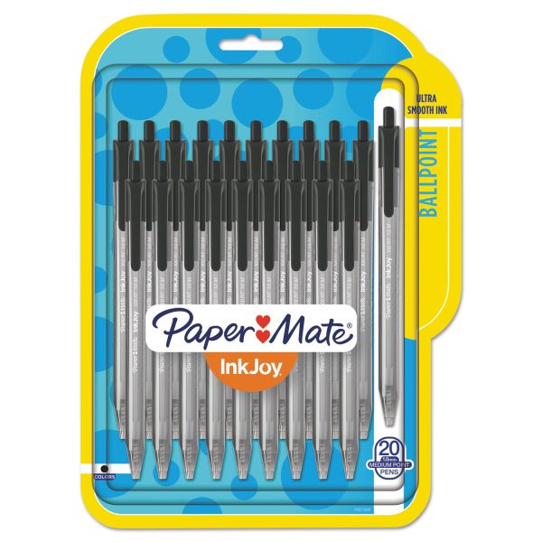 PAP1951395 Paper Mate InkJoy 100 RT Retractable Ballpoint Pen, 1mm, Black, 20/Pack