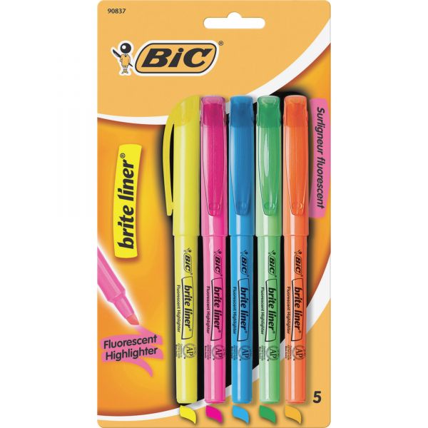 BICGBLP51ASST BIC Brite Liner Grip Pocket Highlighter, Chisel Tip, Assorted Colors, 5/Set