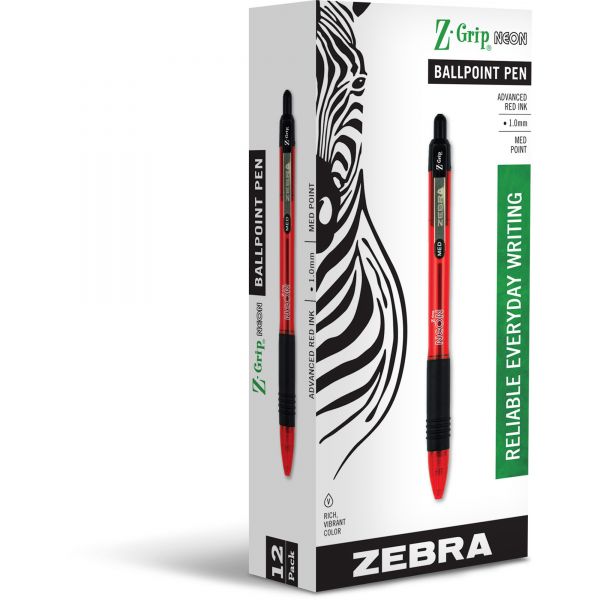 ZEB22930 Zebra Z-Grip Neon Retractable Ballpoint Pen, 1mm, Medium, Red, Dozen
