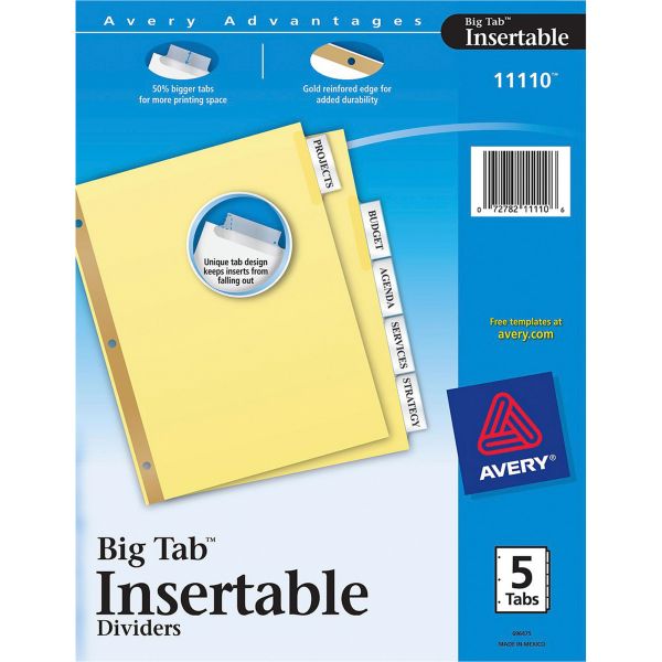 AVE11110 Avery Insertable Big Tab Dividers, 5-Tab, Clear Tab, Letter, 1 Set