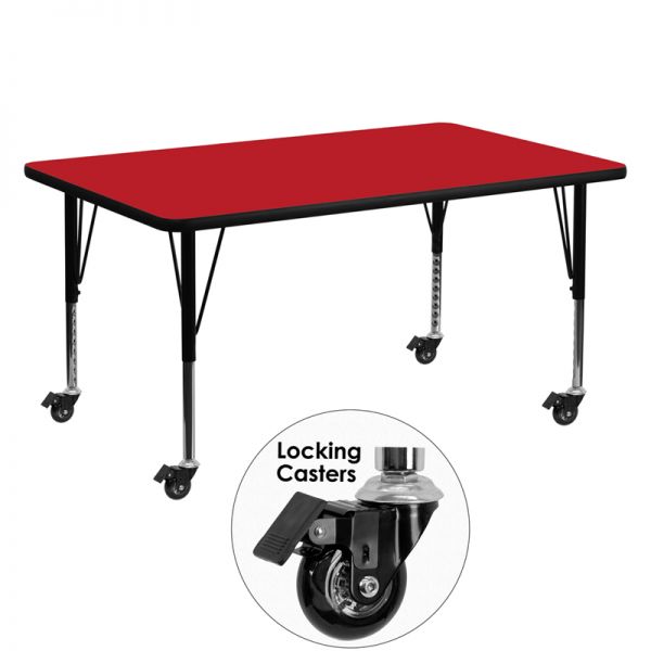 FHFXUA3060RECREDHPCASGG Flash Furniture Mobile Height Adjustable Rectangular Activity Table