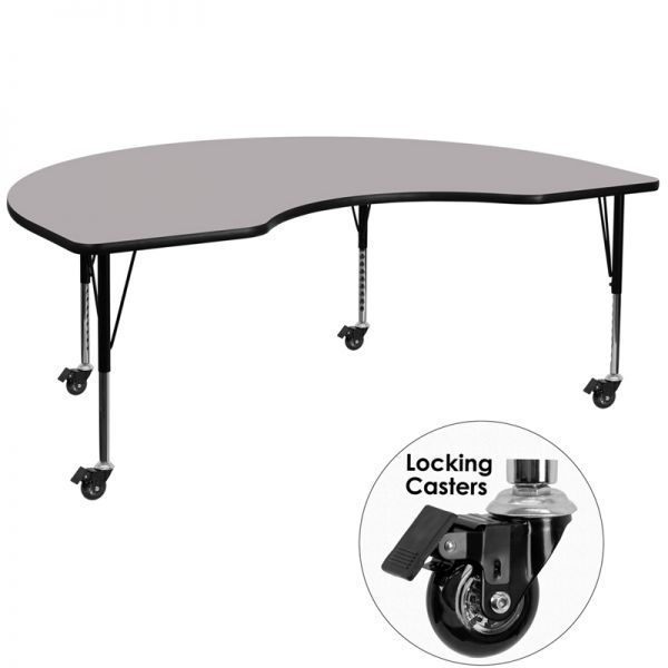 FHFXUA4872KIDNYGYTPCASGG Flash Furniture Mobile 48''W x 72''L Kidney Shaped Activity Table with Grey Thermal Fused Laminate Top and Height Adjustable Preschool Legs