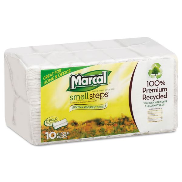 MRC6724 Marcal Small Steps 100% Recycled Premium C-Fold Paper Towels, 10 x 12 1/4, 1-Ply, White, 150 Sheets/Pack, 10 Packs/Carton