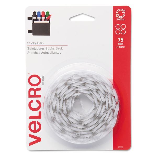 VEK90090 Velcro Sticky-Back Hook & Loop Dot Fasteners, 5/8", White, 75/Pack