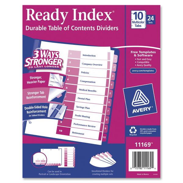 AVE11169 Avery Ready Index Customizable Table of Contents Asst Dividers, 10-Tab, Ltr, 24 Sets