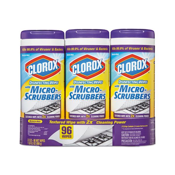 CLO31456 Clorox Disinfecting Wipes with Micro-Scrubbers, 7 x 8, Crisp Lemon, 32/Canister, 3/PK