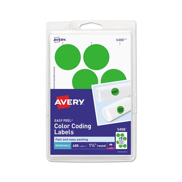 AVE05498 Avery Printable Removable Color-Coding Labels, 1 1/4" dia, Neon Green, 400/Pack