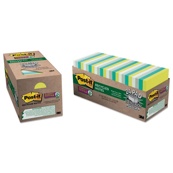 MMM65424SSTCP Post-it Notes Super Sticky Recycled Notes in Bora Bora Colors, 3 x 3, 70-Sheet, 24/Pack