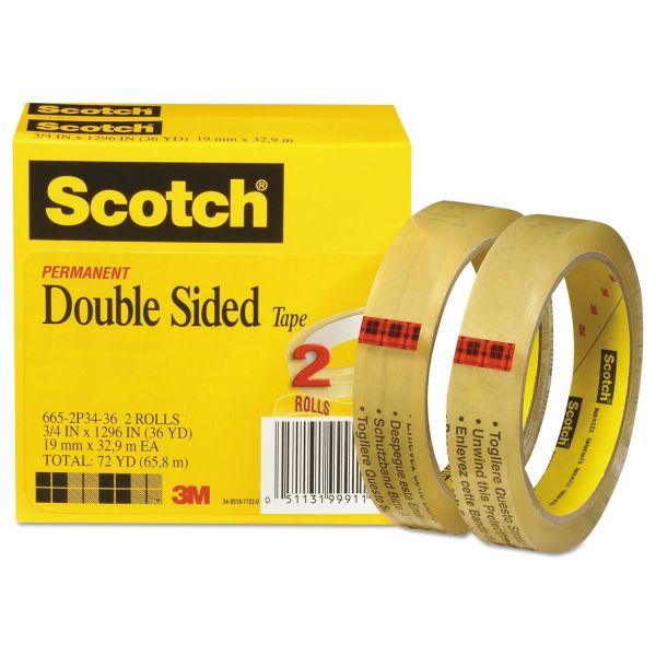MMM6652P3436 Scotch Double-Sided Tape, 3/4" x 1296", 3" Core, Transparent, 2/Pack