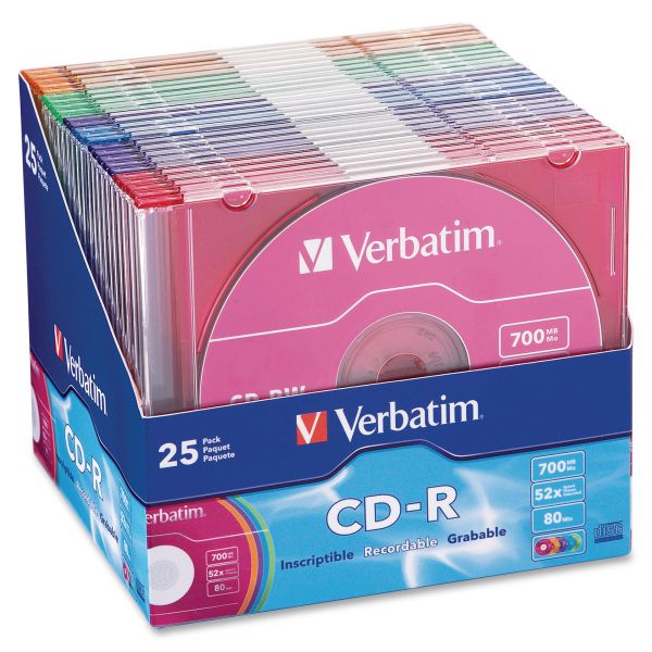 VER94611 Verbatim CD-R Discs, 700MB/80min, 52x, Slim Jewel Cases, Assorted Colors, 25/Pack