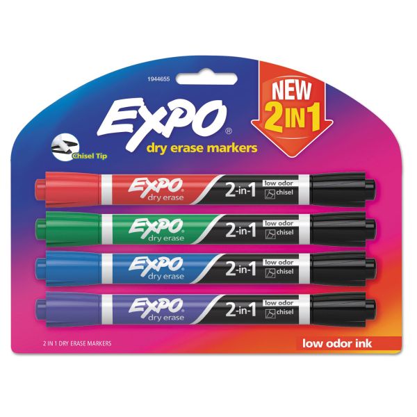 SAN1944655 EXPO 2-in-1 Dry Erase Markers, 5 Assorted Colors, Medium, 4/Pack