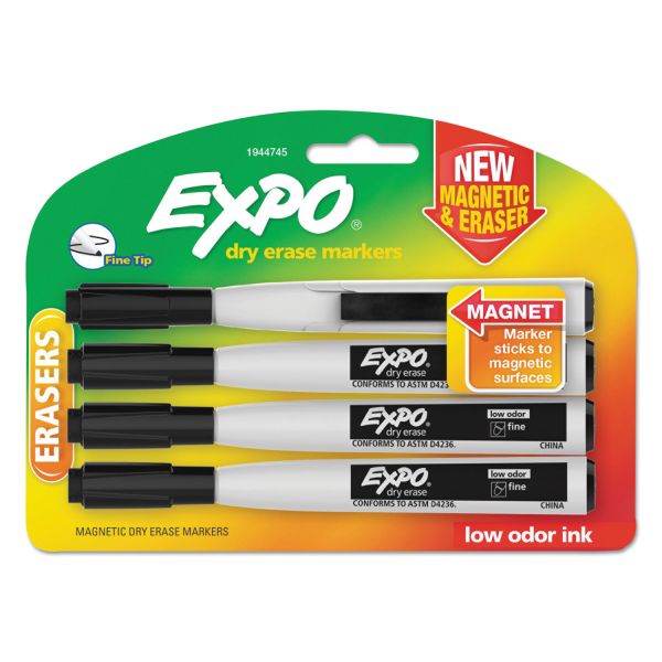 SAN1944745 EXPO Magnetic Dry Erase Marker, Fine Tip, Black, 4/Pack