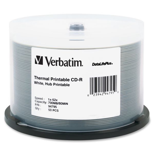 VER94795 Verbatim Printable CD-R Discs, 700MB/80min, 52x, Spindle, White, 50/Pack