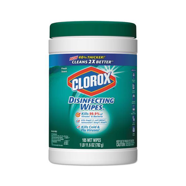CLO01728 Clorox Disinfecting Wipes, White, 7 x 8, Fresh Scent, 105/Canister, 4 Canisters/Carton