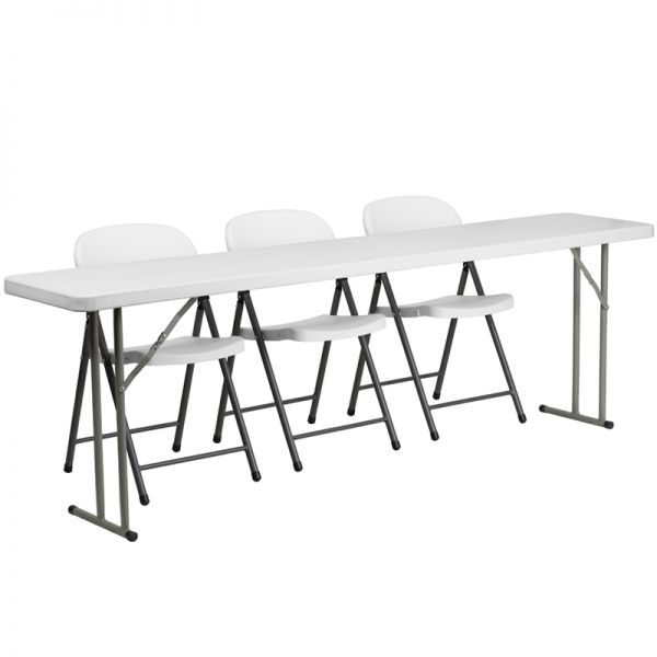 FHFRB18962GG Flash Furniture 18'' x 96'' Plastic Folding Training Table with 3 White Plastic Folding Chairs