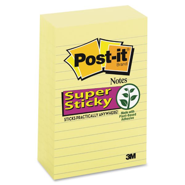 MMM6605SSCY Post-it Notes Super Sticky Canary Yellow Note Pads, Lined, 4 x 6, 90-Sheet, 5/Pack