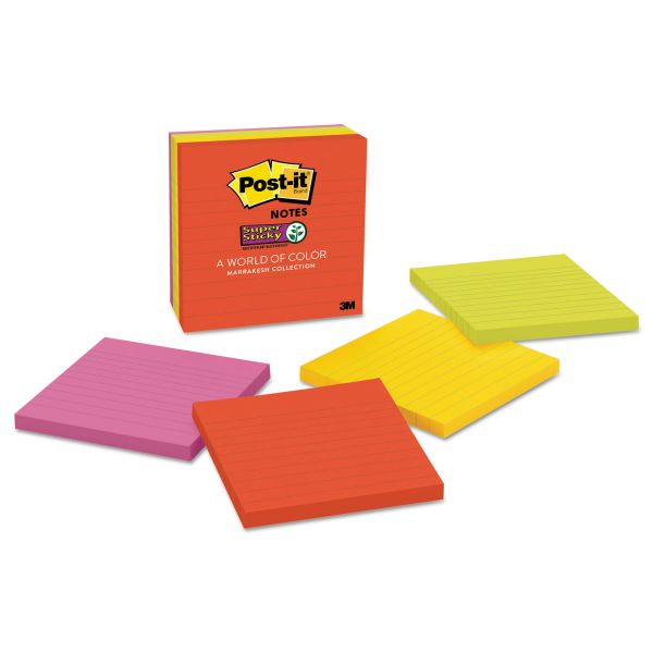 MMM6756SSAN Post-it Notes Super Sticky Pads in Marrakesh Colors, Lined, 4 x 4, 90-Sheet, 6/Pack