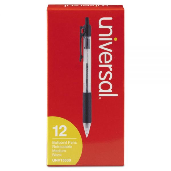 UNV15530 Comfort Grip Clear Barrel Retractable Ballpoint Pen, Black Ink, 1mm, Dozen