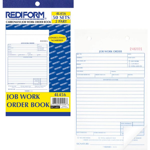 RED4L456 Rediform Job Work Order Book, 5 1/2 x 8 1/2, Two Part Carbonless, 50/Book