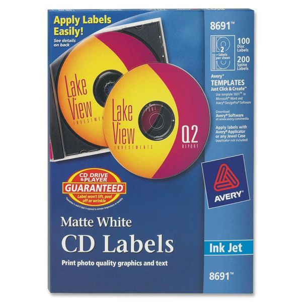 AVE8691 Avery Inkjet CD Labels, Matte White, 100/Pack