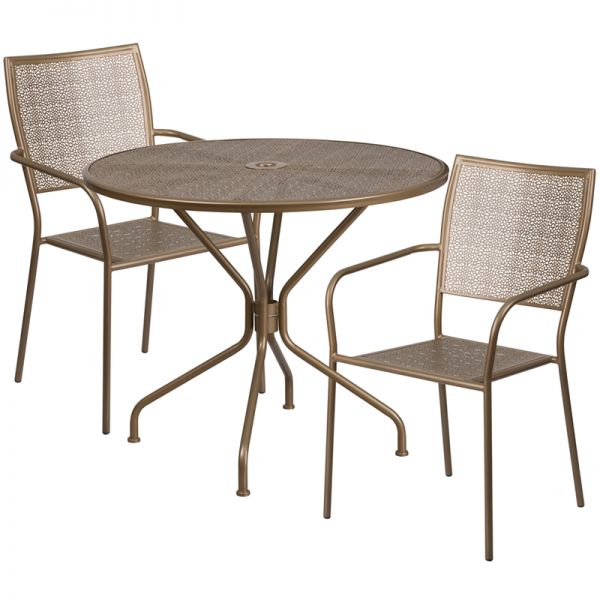 FHFCO35RD02CHR2GDGG Flash Furniture 35.25'' Round Gold Indoor-Outdoor Steel Patio Table Set with 2 Square Back Chairs