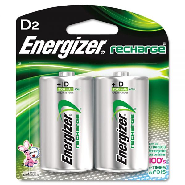 EVENH50BP2 Energizer NiMH Rechargeable Batteries, D, 2 Batteries/Pack