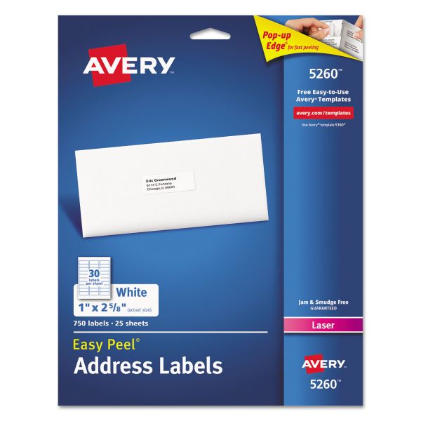 AVE5260 Avery Easy Peel Mailing Address Labels, Laser, 1 x 2 5/8, White, 750/Pack