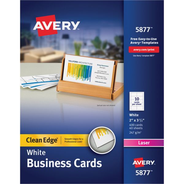 AVE5877 Avery Clean Edge Business Cards, Laser, 2 x 3 1/2, White, 400/Box