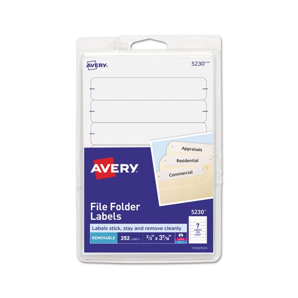 AVE5230 Avery Removable 1/3-Cut File Folder Labels, Inkjet/Laser, .66 x 3.44, White, 252/PK