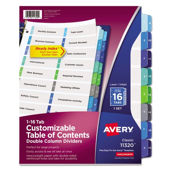 AVE11320 Avery Ready Index Customizable Table of Contents Double Column Dividers, 16-Tab, Ltr