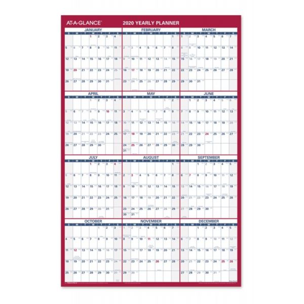 ATAGLANCE 2Sided Yearly Erasable Wall Calendar, 24" x 36", Blue/Gray
