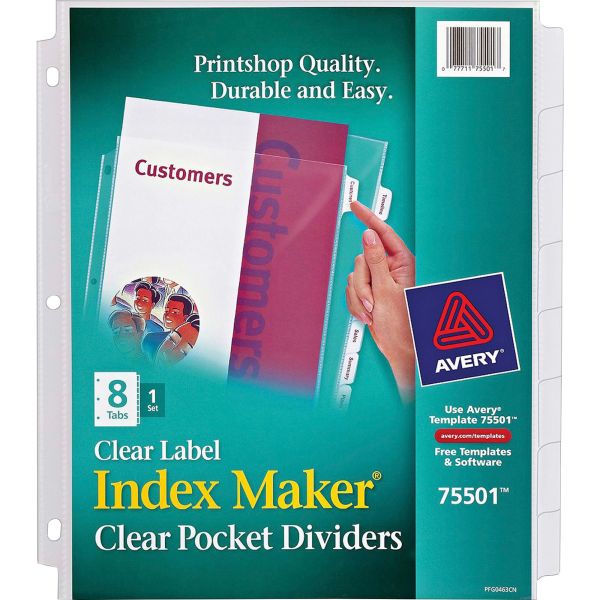 AVE75501 Avery Index Maker Print & Apply Clear Label Sheet Protector Dividers, 8-Tab, White Tab, Letter, 1 Set