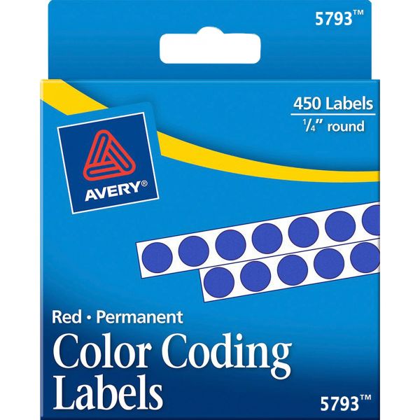 AVE05793 Avery Permanent Self-Adhesive Round Color-Coding Labels, 1/4" dia, Dark Blue, 450/Pack