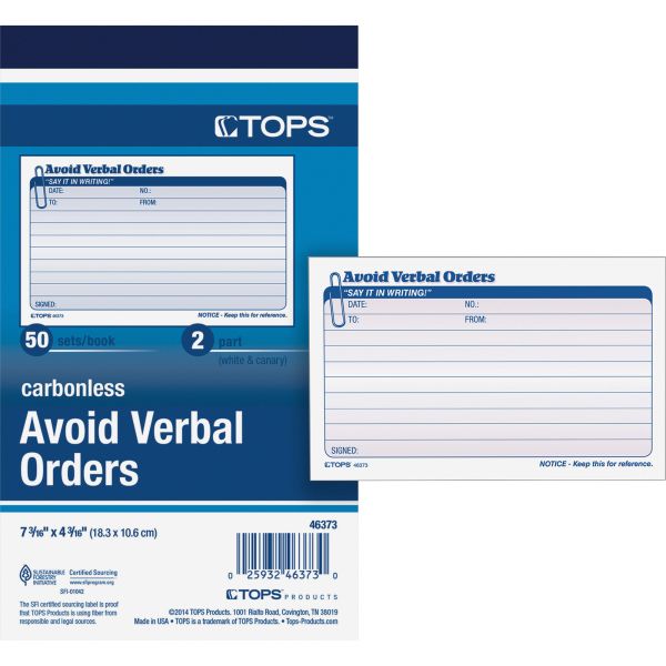 TOP46373 TOPS Avoid Verbal Orders Manifold Book, 6 1/4 x 4 1/4, 2-Part Carbonless, 50 Sets/BK