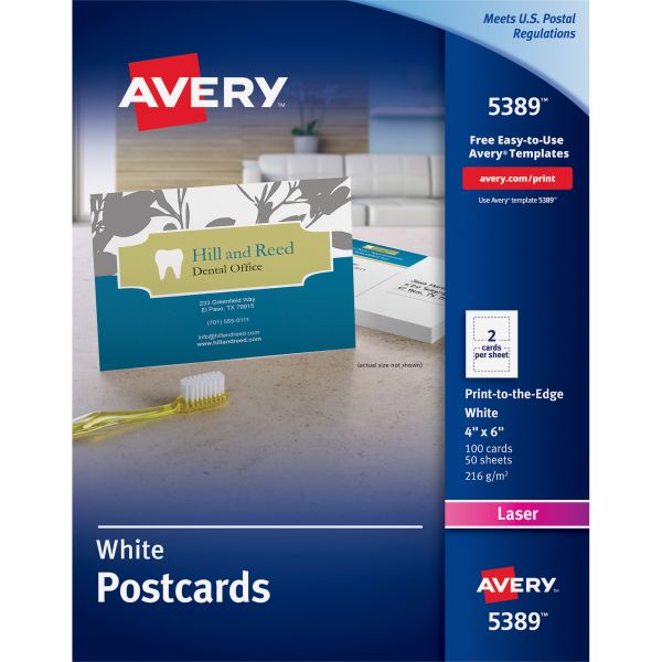 AVE5389 Avery Postcards for Laser Printers, 4 x 6, Uncoated White, 2/Sheet, 100/Box