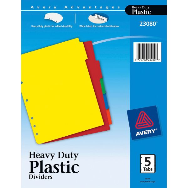 AVE23080 Avery Write-On Heavy-Duty Plastic Tab Dividers w/White Labels, 5-Tab, Multi-color Tab, Letter, 1 Set