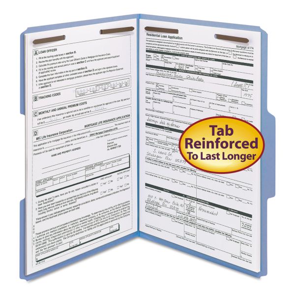 SMD17040 Smead Folders, Two Fasteners, 1/3 Cut Assorted, Top Tab, Legal, Blue, 50/Box