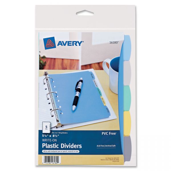 AVE16180 Avery Write-On Standard Tab Plastic Dividers, 5-Tab, 5 1/2 x 8 1/2