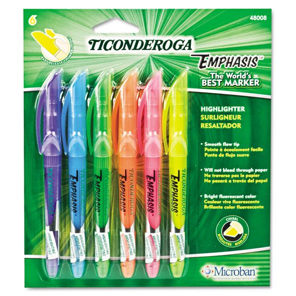 DIX48008 Ticonderoga Emphasis Pocket Style Highlighter, Chisel Tip, 6/Set